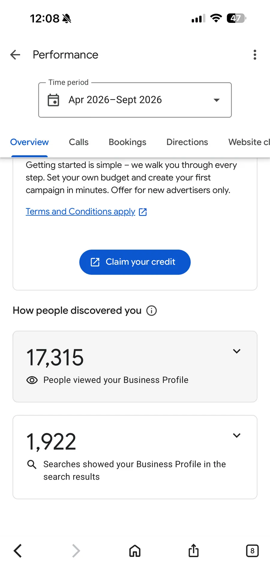 Google Business Profile performance showing 17,315 profile views and 1,922 search appearances