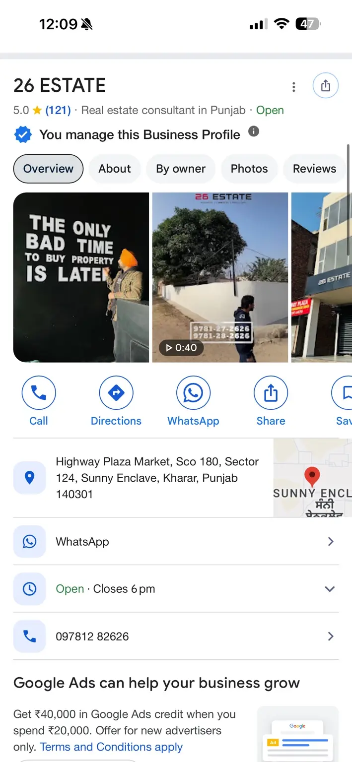 Managed real estate Google Business Profile with a 5.0 rating and 121 reviews